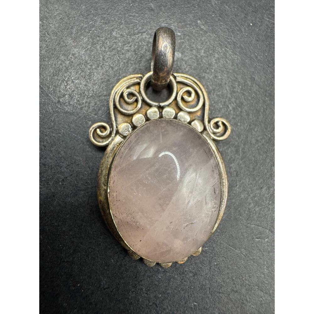 Vintage 925 Sterling Silver Art Deco Oval-Shaped Rose Quartz Pendant 31.1mm
